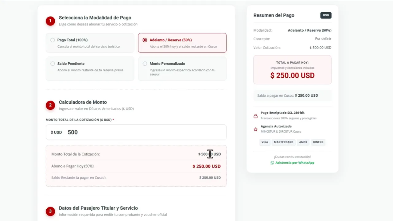 Modalidad de adelanto: la calculadora divide el monto al 50 % y muestra el saldo pendiente