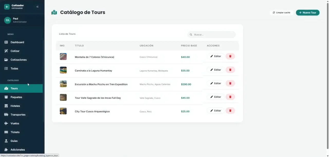 Cotizador de viajes: tu catálogo de servicios. Tours, paquetes, hoteles, transportes, vuelos, tickets, guías y servicios adicionales, con fotos y videos.
