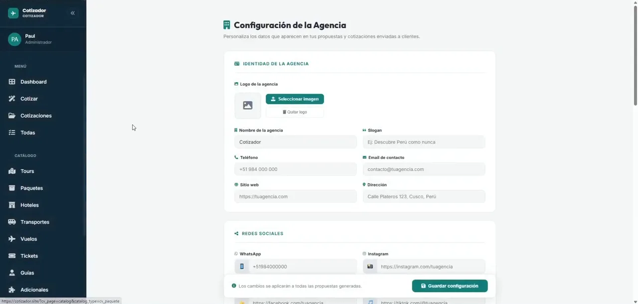 Cotizador de viajes: configurado con tu marca. Logo, colores, redes, tipo de cambio, pasarelas de pago y mensajes de tu agencia.