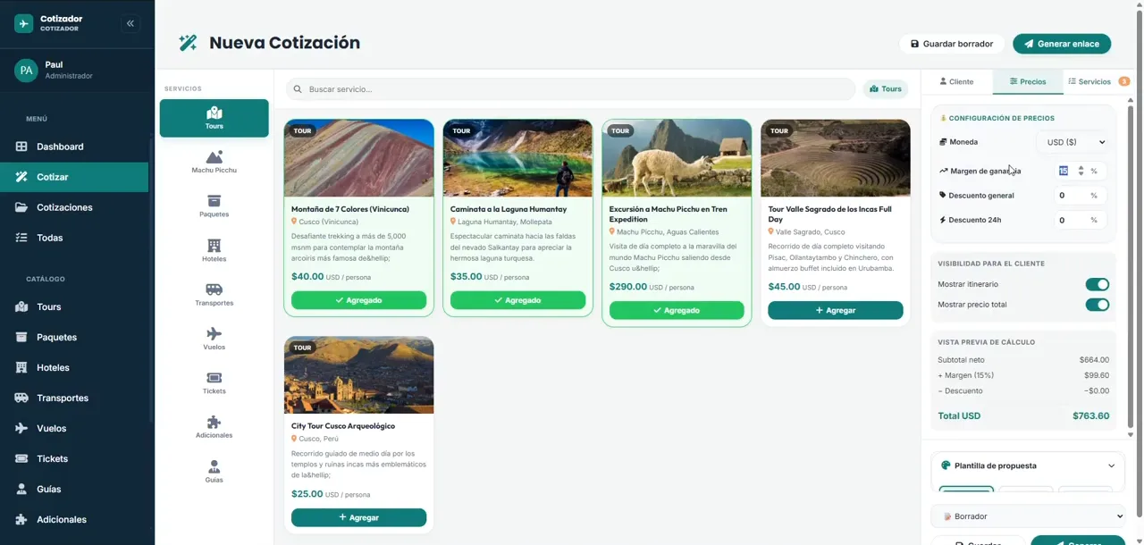 Cotizador de viajes: tours agregados, margen de ganancia y total en dólares