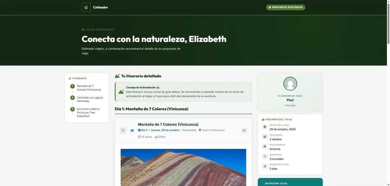 Propuesta de viaje enviada al cliente con el cotizador de Cusco Creativos