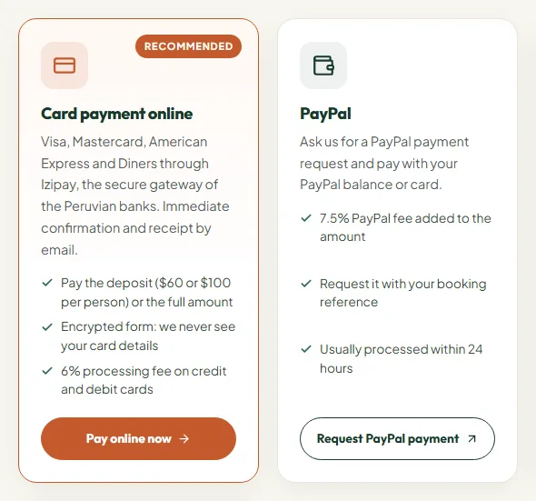 Pago con tarjeta por Izipay o con PayPal. Adelanto o pago total con tarjeta, confirmación inmediata por correo y PayPal como alternativa. Amazon Trip Peru.