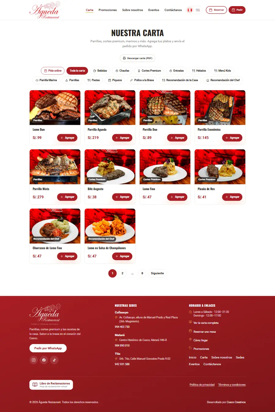 La carta del sitio web de Águeda Restaurant