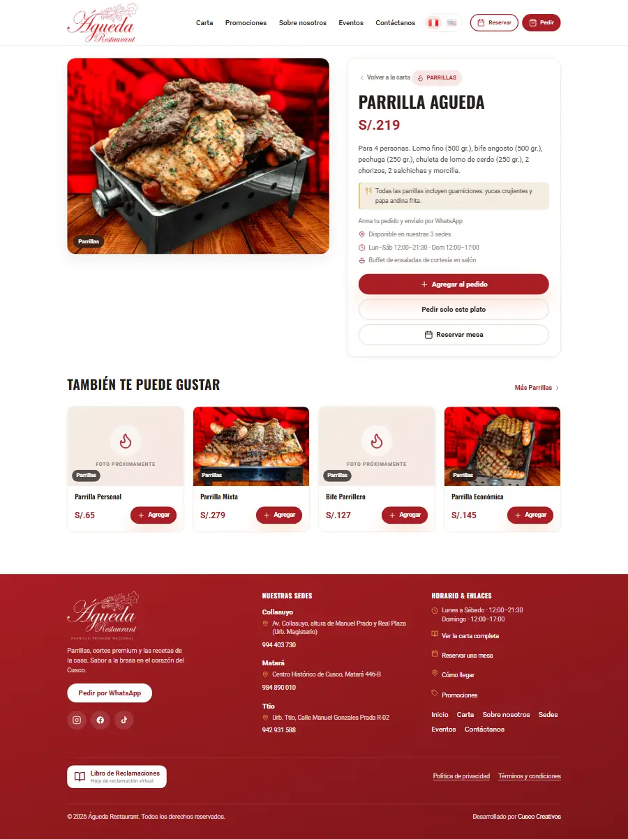 Página de un plato del sitio web de Águeda Restaurant