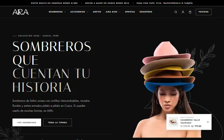 Tienda virtual de AIRA Perú diseñada por Cusco Creativos, con catálogo de sombreros y carrito de compras