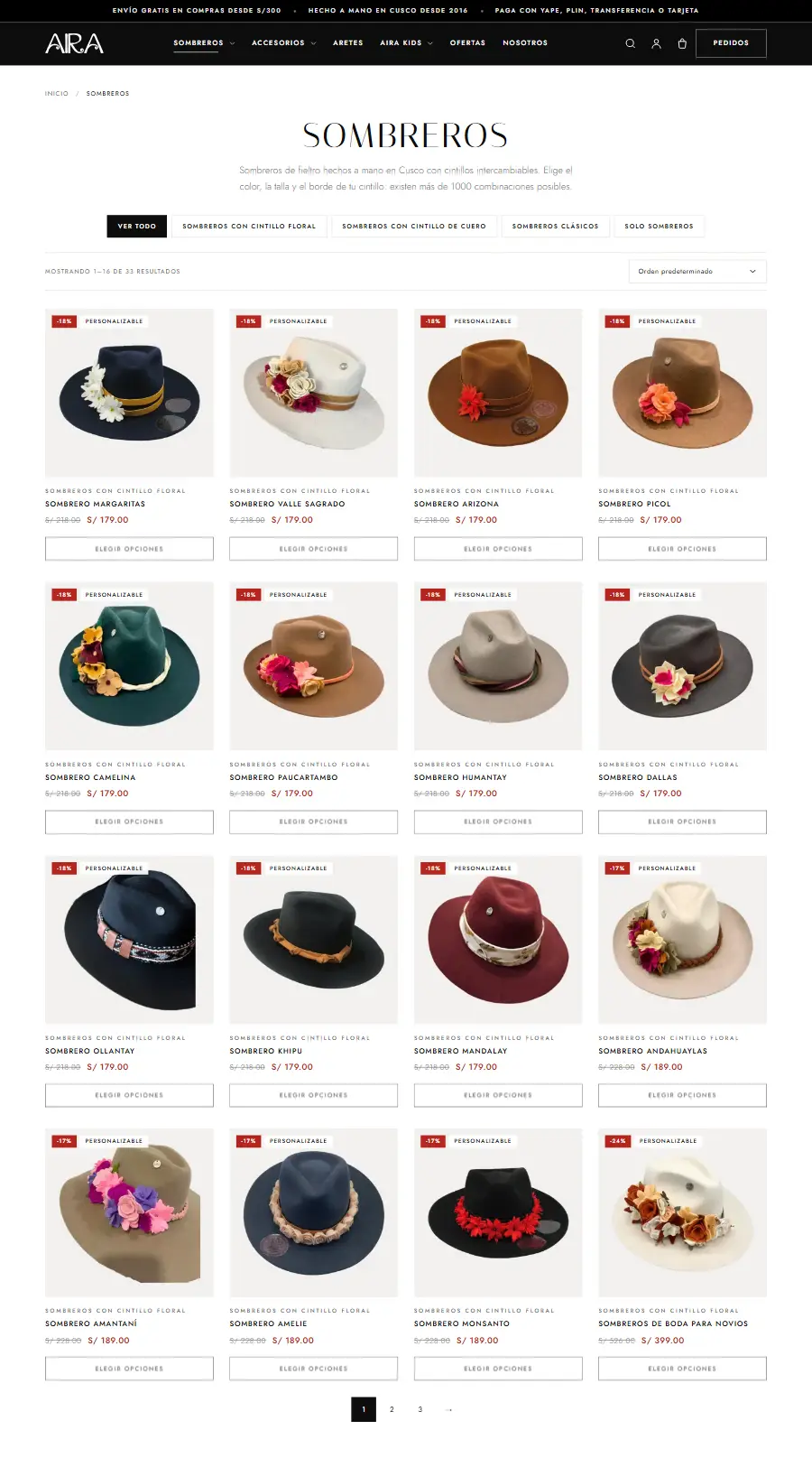 Catálogo de productos del sitio web de AIRA Perú