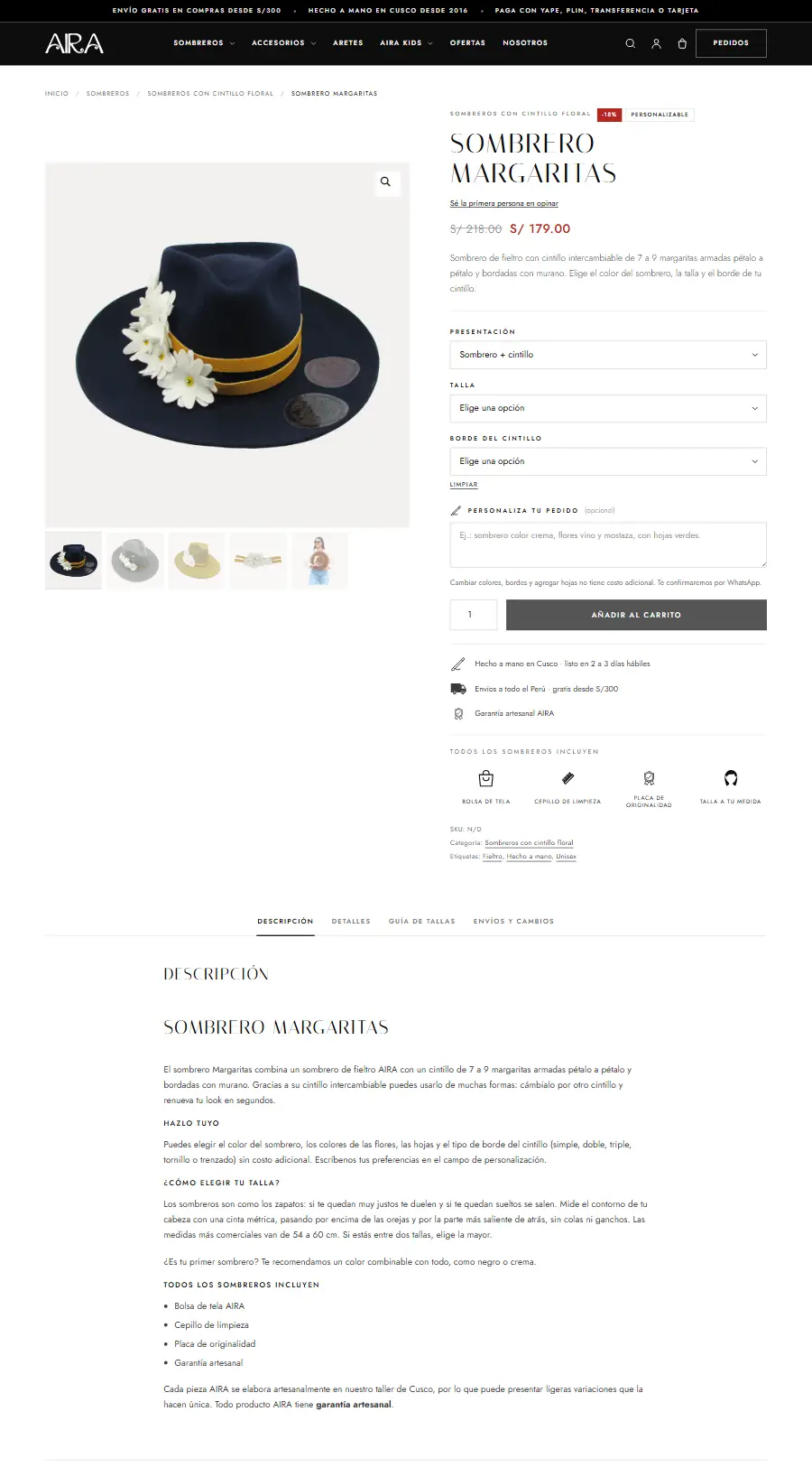 Página de producto del sitio web de AIRA Perú