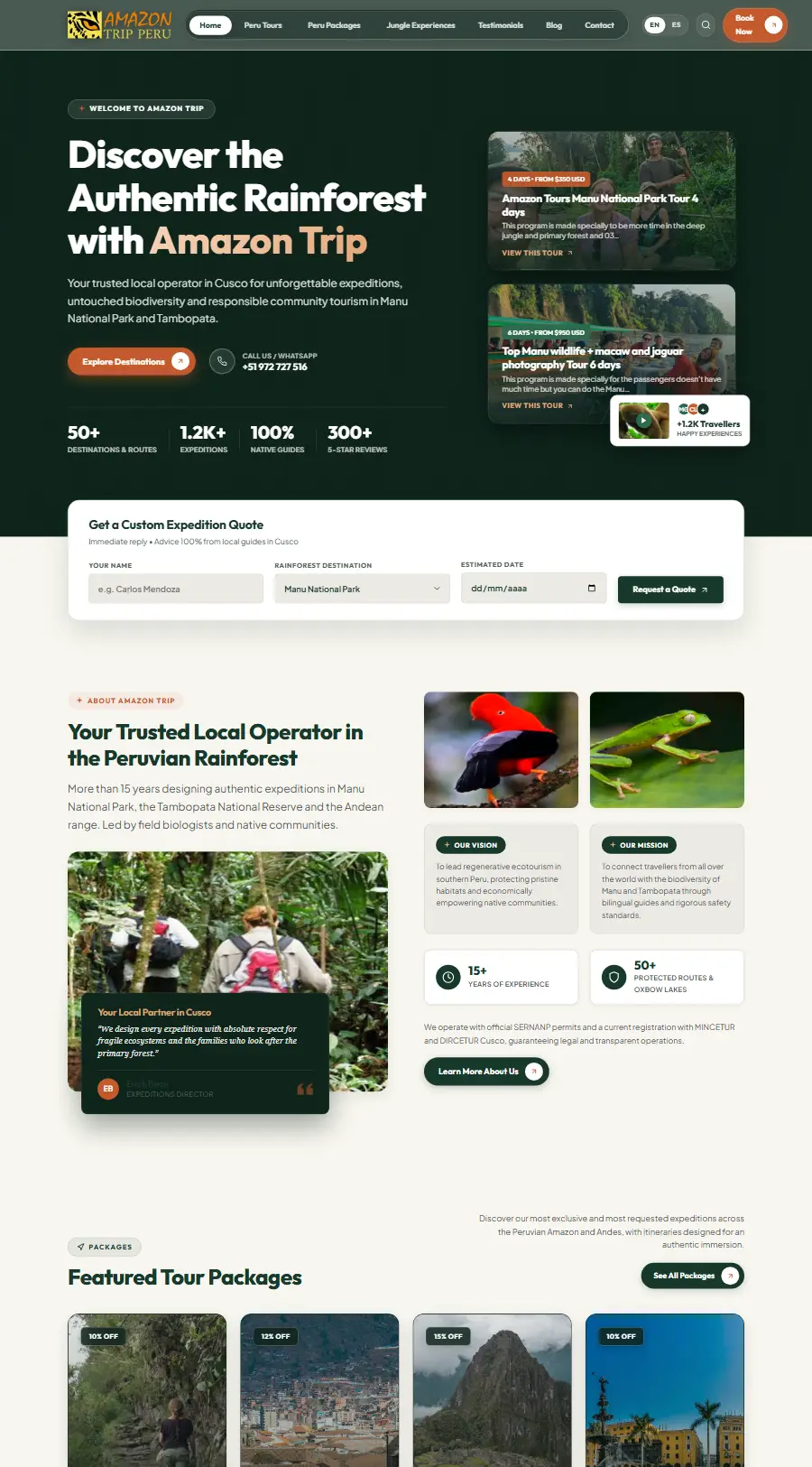 Página de inicio del sitio web de Amazon Trip Peru