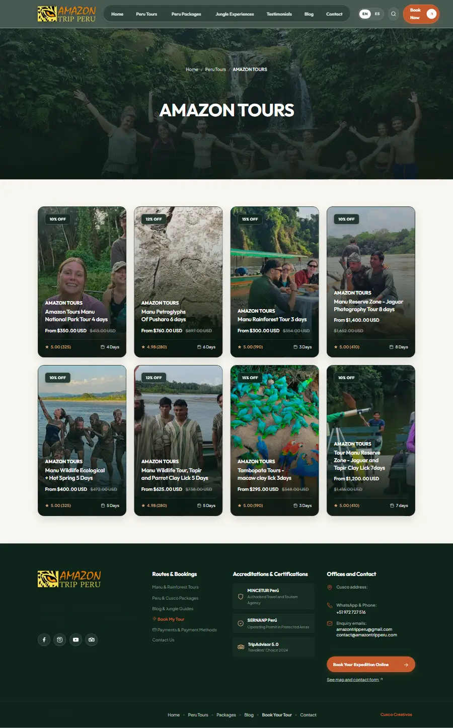 Lista de tours del sitio web de Amazon Trip Peru