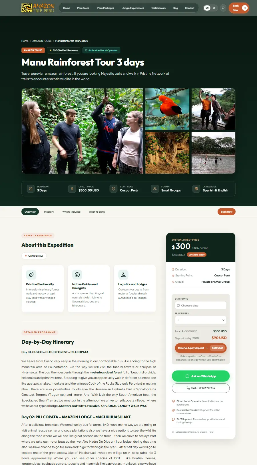 Página de tour del sitio web de Amazon Trip Peru