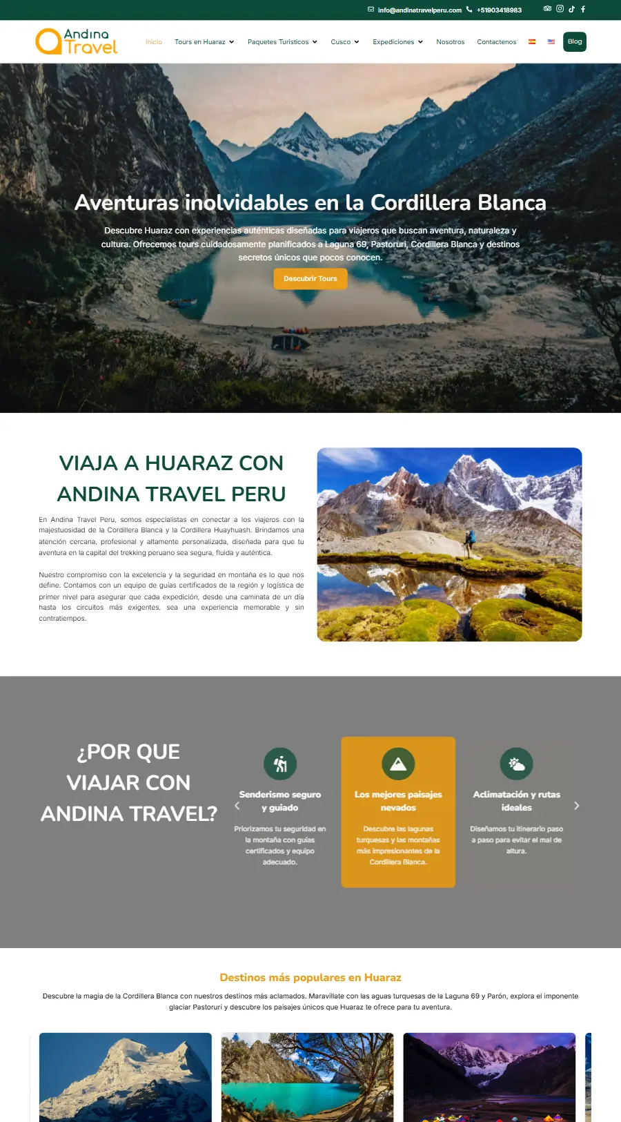Página de inicio del sitio web de Andina Travel