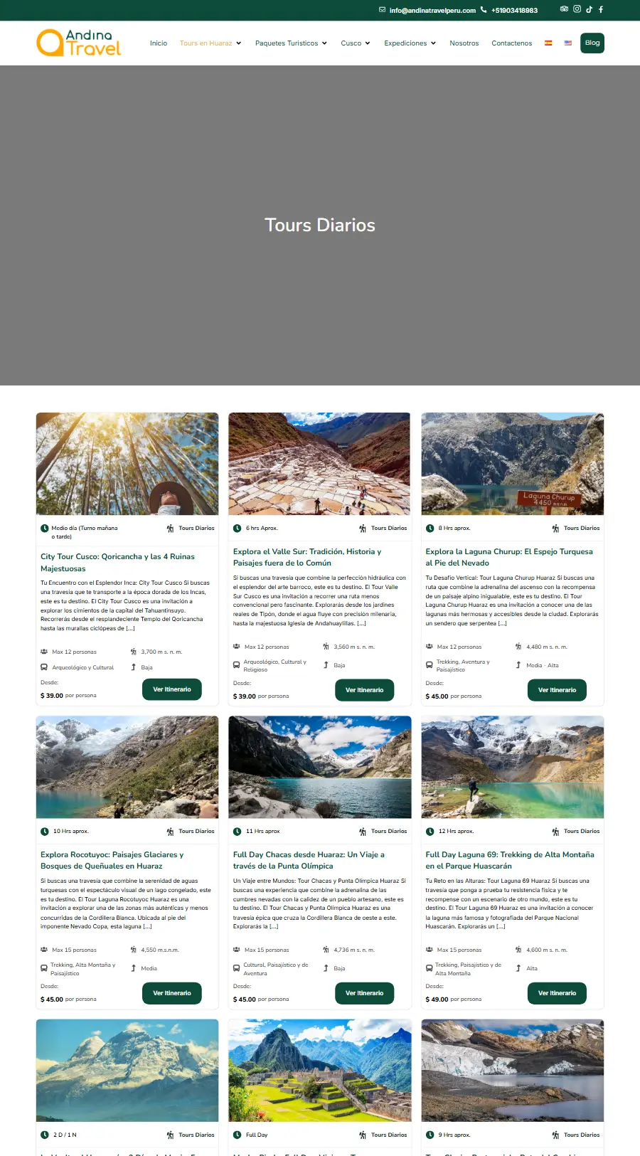 Lista de tours del sitio web de Andina Travel