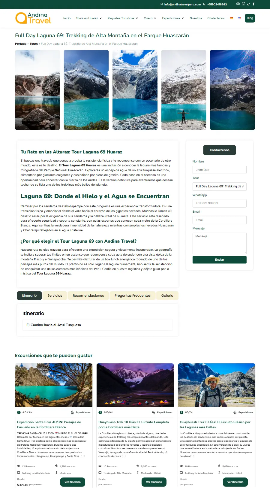 Página de tour del sitio web de Andina Travel