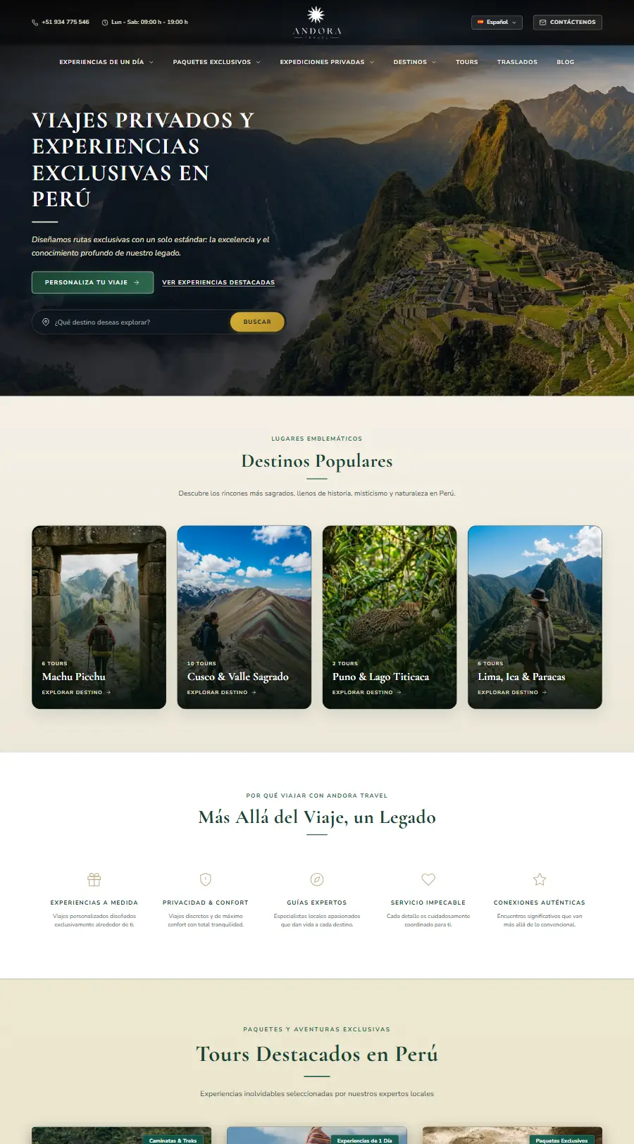 Página de inicio del sitio web de Andora Travel