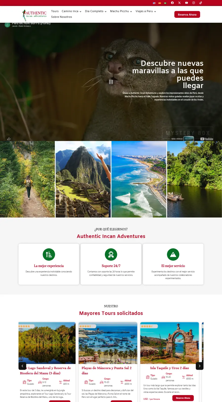 Página de inicio del sitio web de Authentic Incan Adventures
