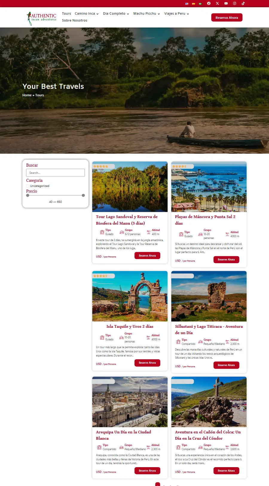 Lista de tours del sitio web de Authentic Incan Adventures