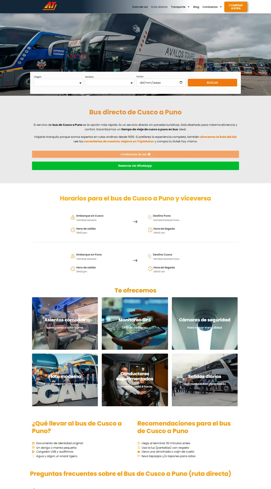 Página de tour del sitio web de Avalos Tours