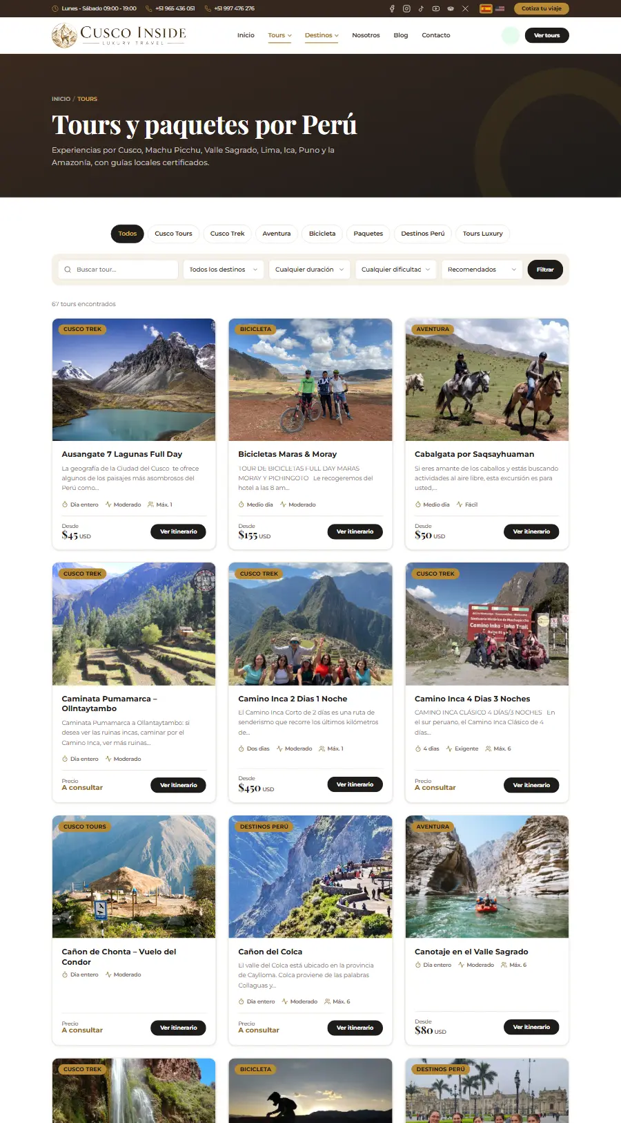 Lista de tours del sitio web de Cusco Inside