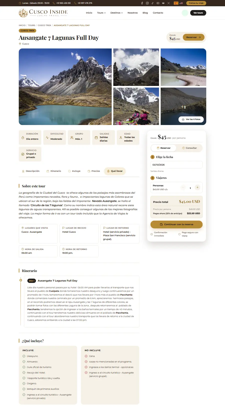 Página de tour del sitio web de Cusco Inside
