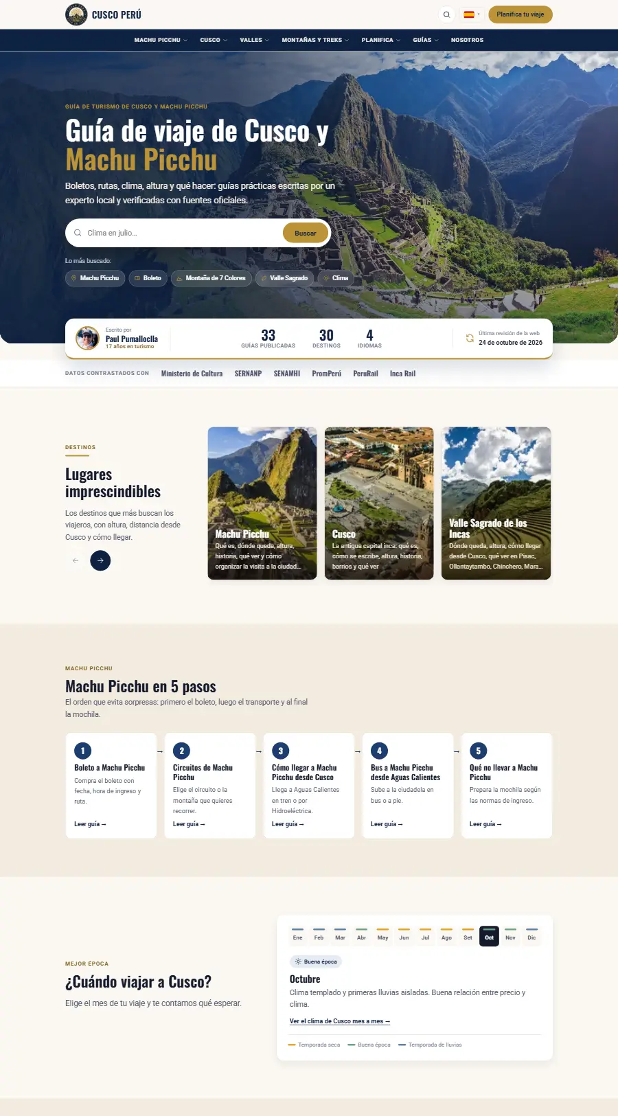 Página de inicio del sitio web de Cusco Perú