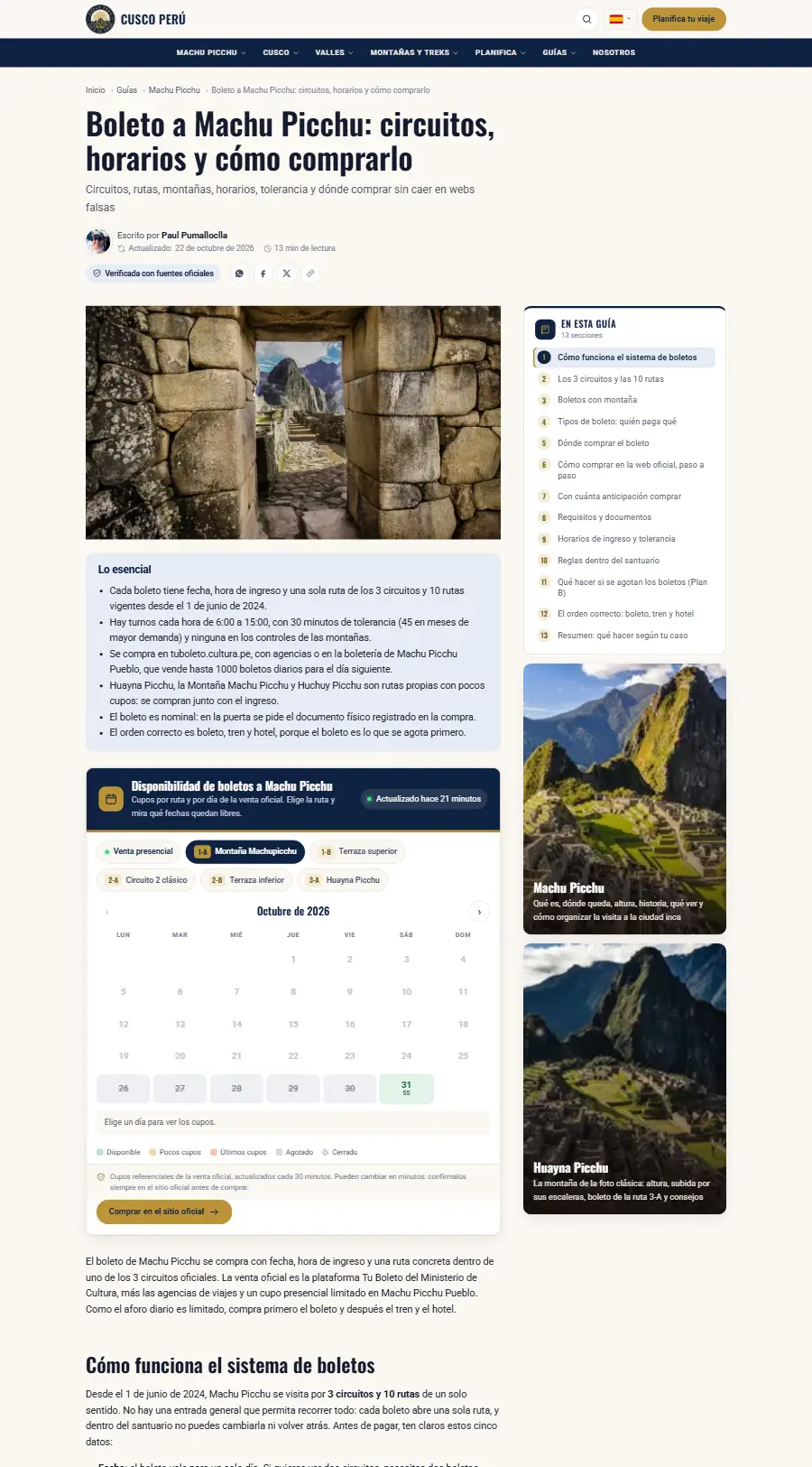 Una guía: boleto a Machu Picchu del sitio web de Cusco Perú