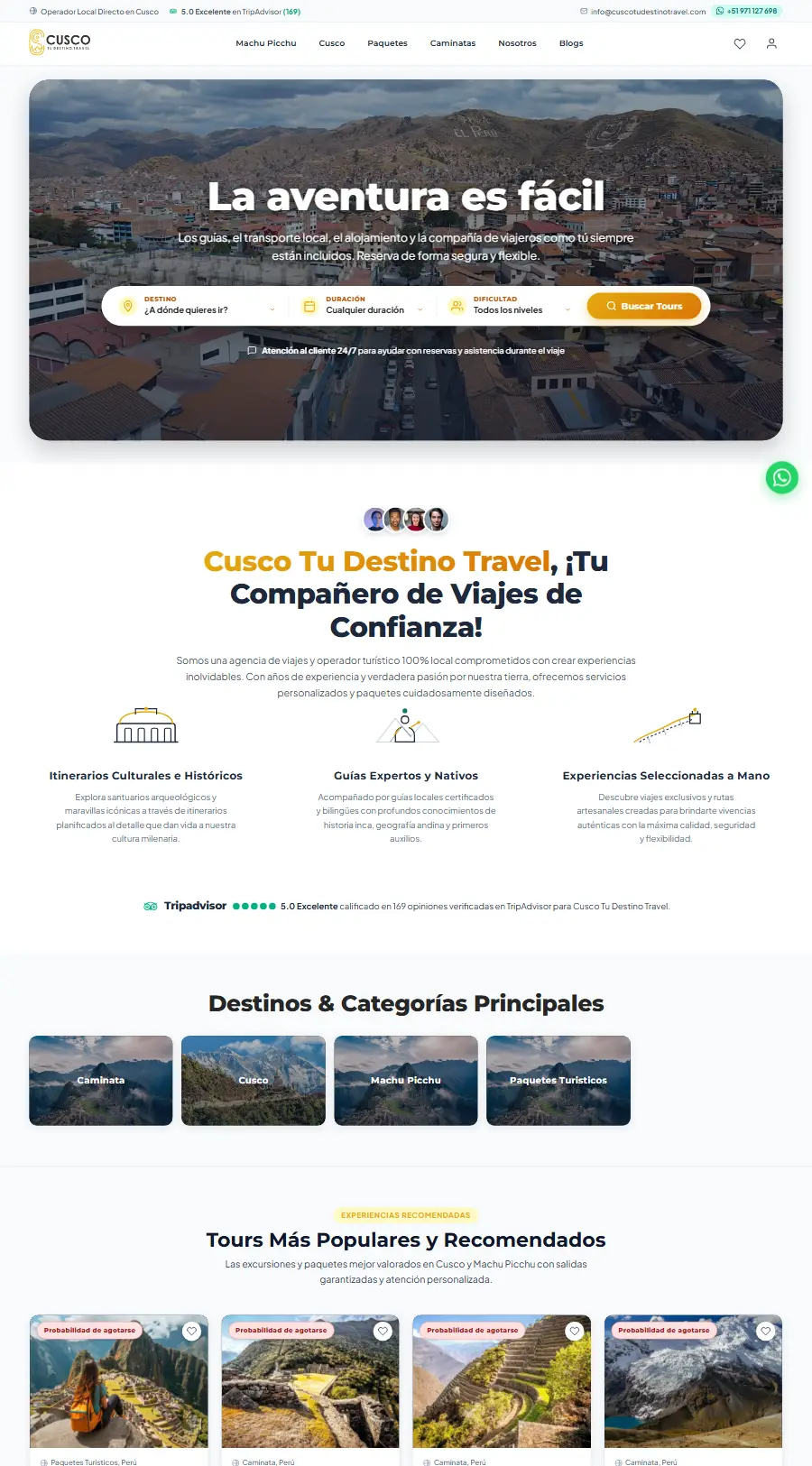 Página de inicio del sitio web de Cusco Tu Destino Travel