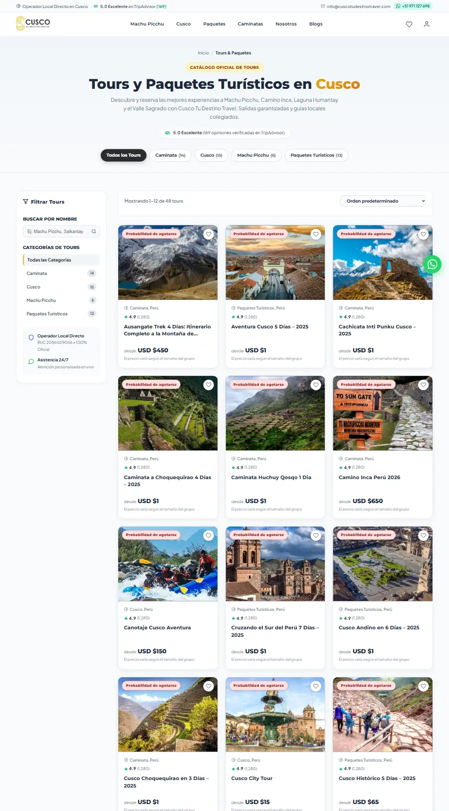 Lista de tours del sitio web de Cusco Tu Destino Travel