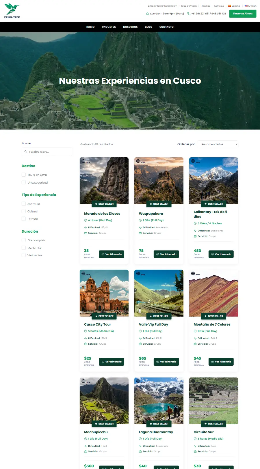 Lista de tours del sitio web de Erikia Trek