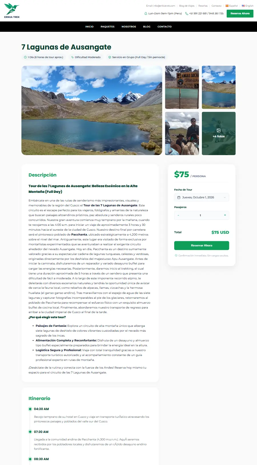 Página de tour del sitio web de Erikia Trek
