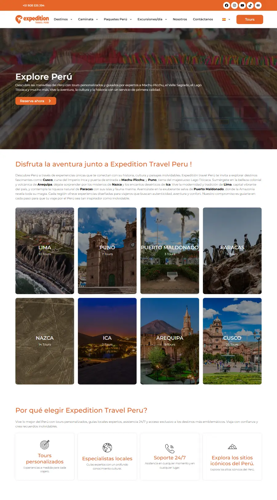 Página de inicio del sitio web de Expedition Travel Peru