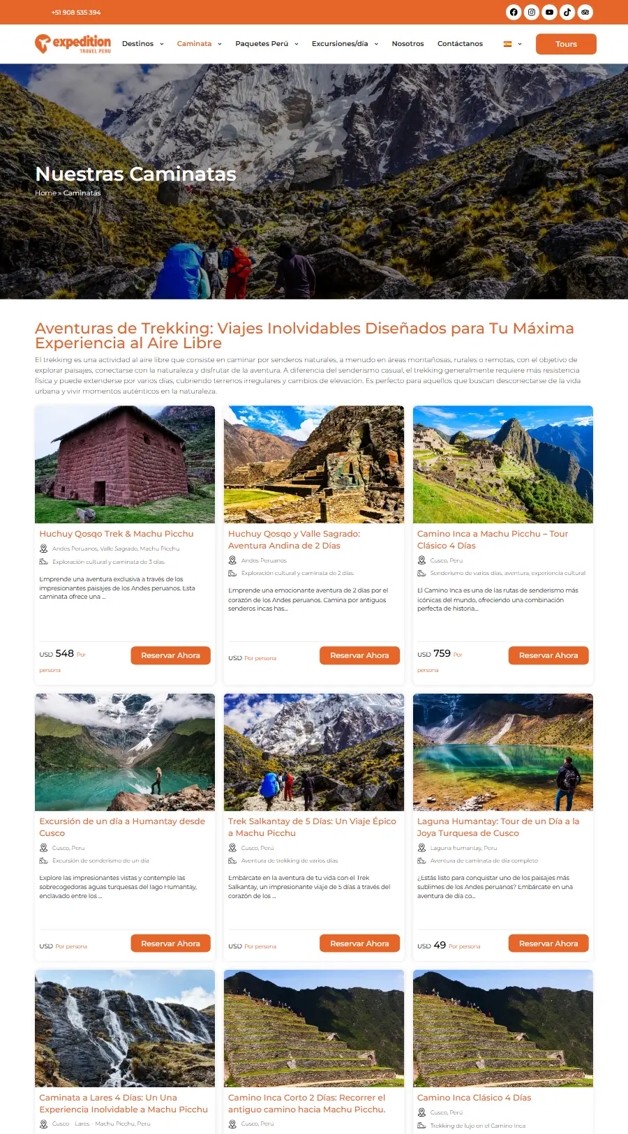 Lista de tours del sitio web de Expedition Travel Peru