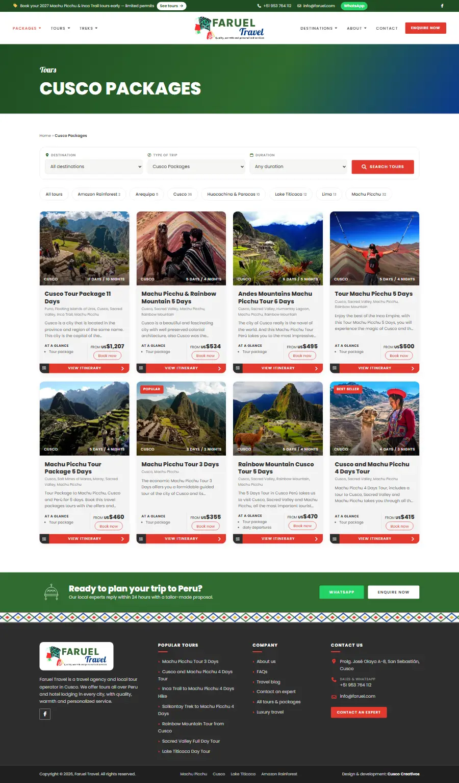 Lista de tours del sitio web de Faruel Travel