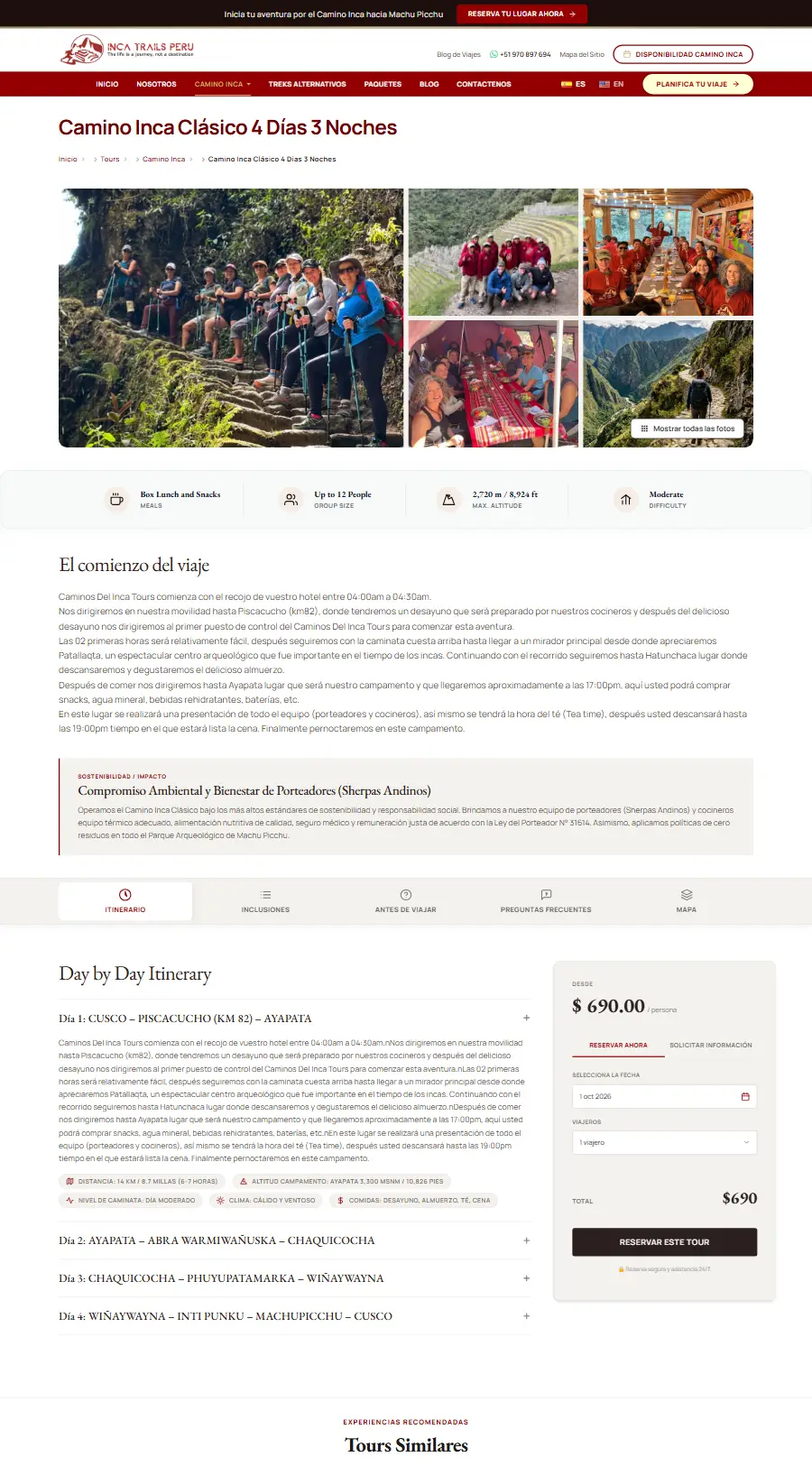 Página de tour del sitio web de InkaTrails