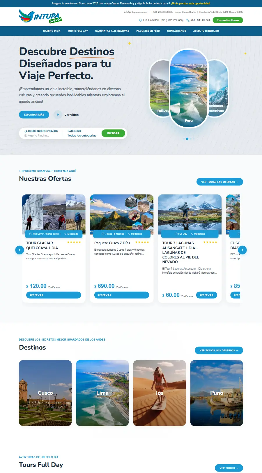 Página de inicio del sitio web de Intupa Cusco