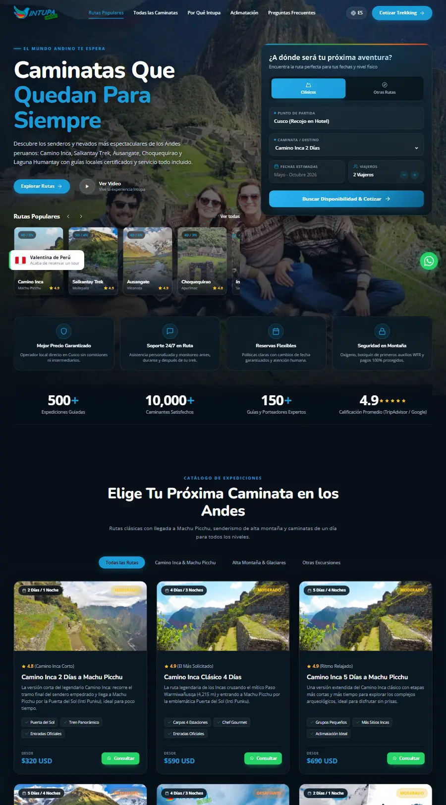 Landing page Caminatas en el Perú de Intupa Cusco