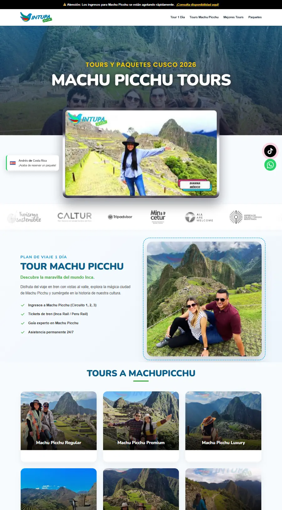 Página de inicio del sitio web de Intupa Cusco · Machu Picchu Tours