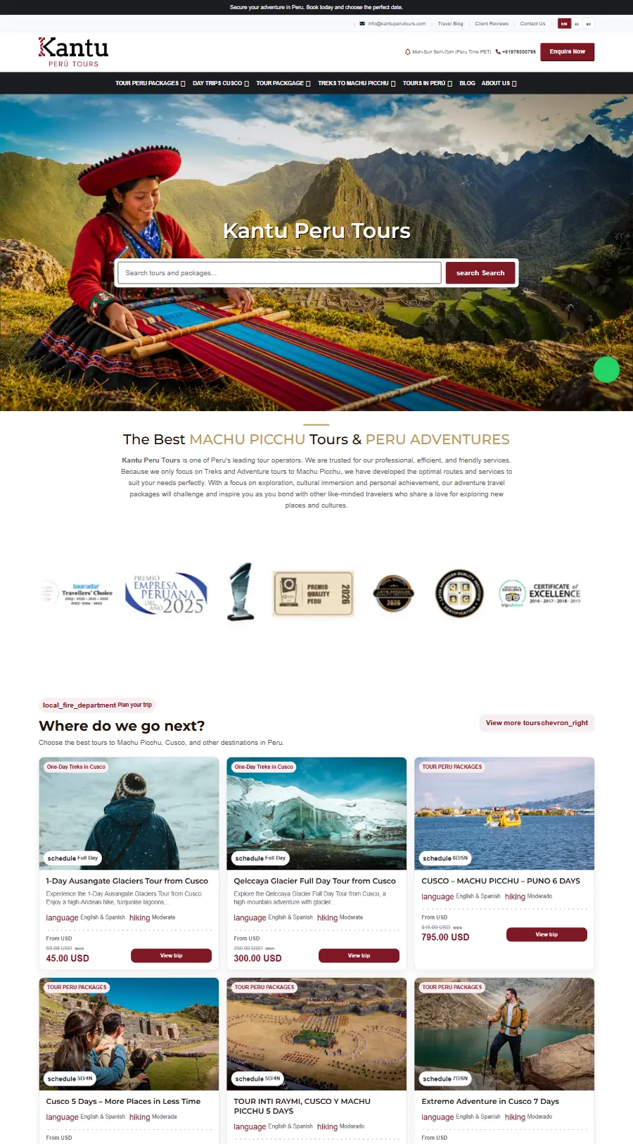 Página de inicio del sitio web de Kantu Peru Tours