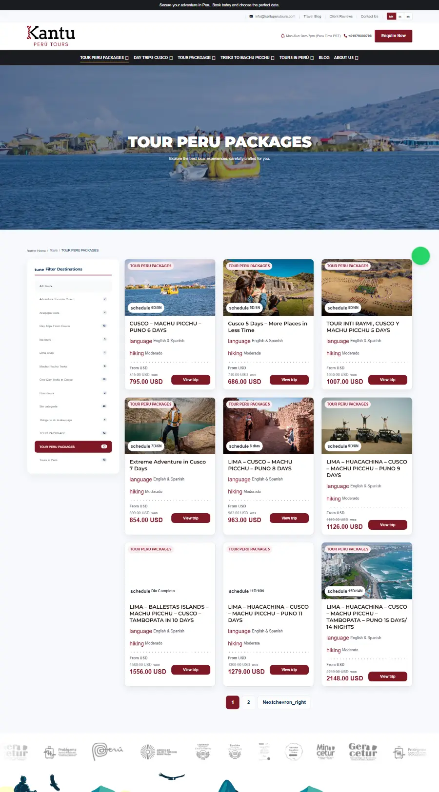 Lista de tours del sitio web de Kantu Peru Tours
