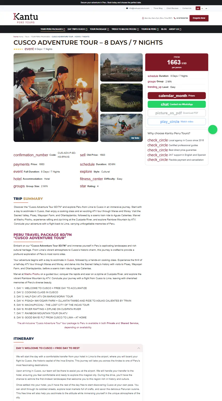 Página de tour del sitio web de Kantu Peru Tours