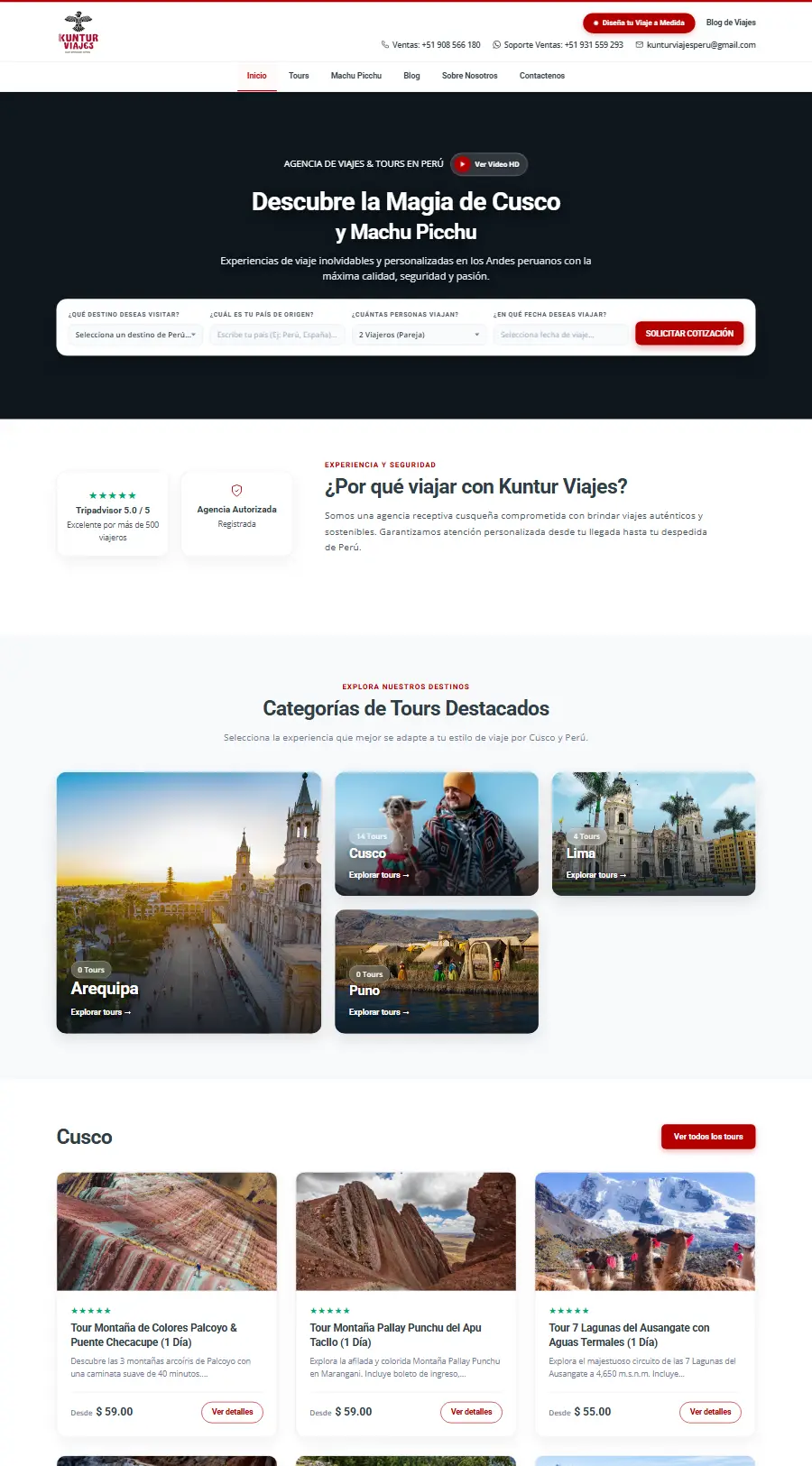 Página de inicio del sitio web de Kuntur Viajes