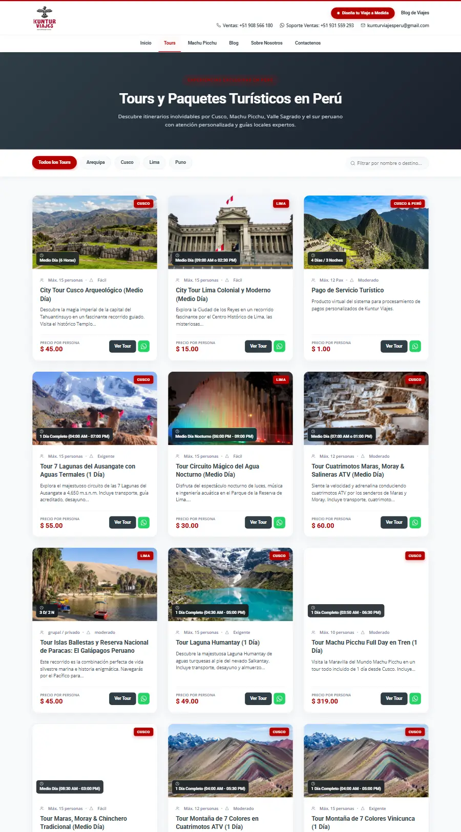 Lista de tours del sitio web de Kuntur Viajes
