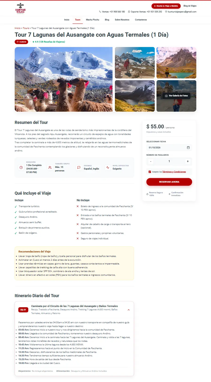 Página de tour del sitio web de Kuntur Viajes
