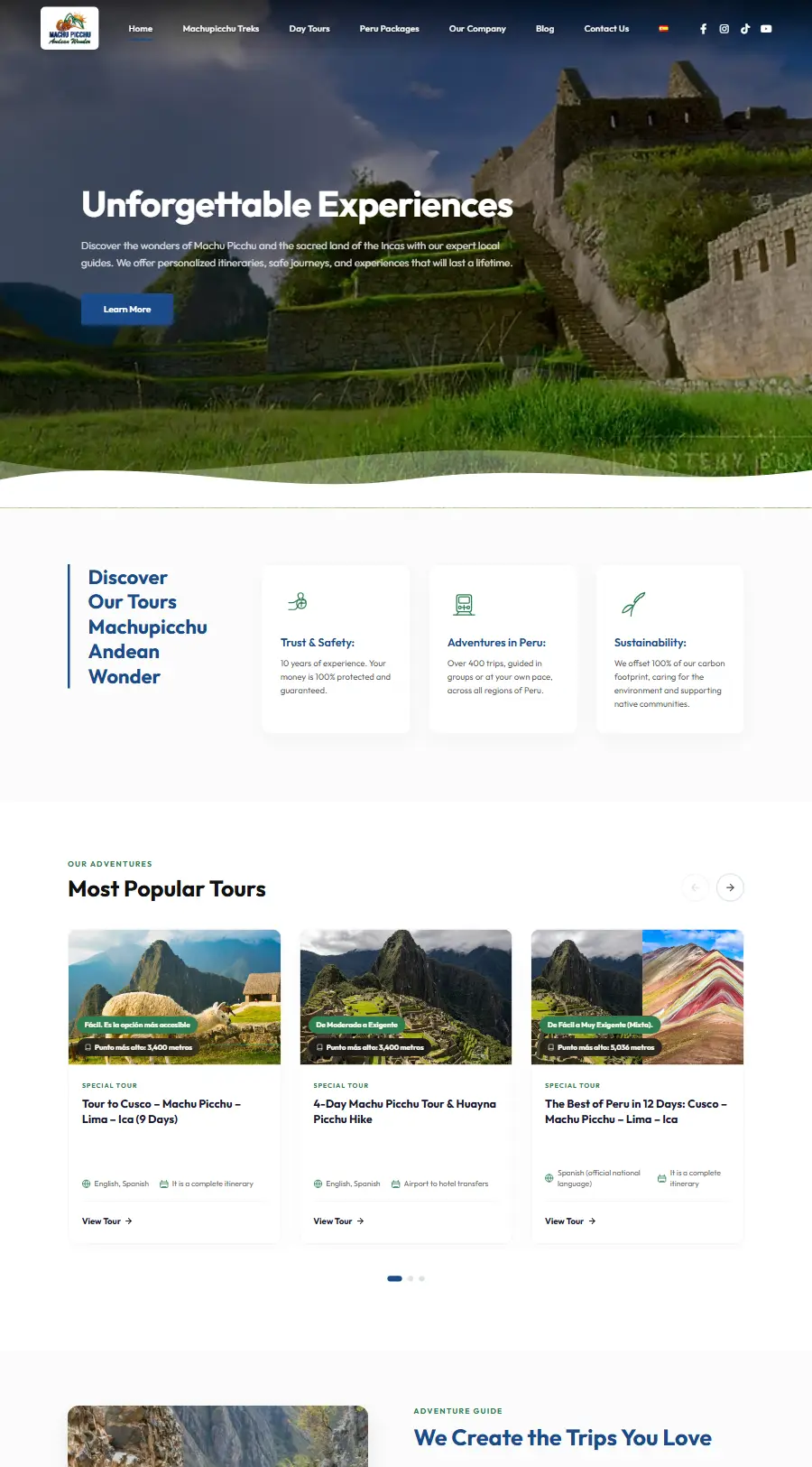 Página de inicio del sitio web de Machupicchu Andean Wonder