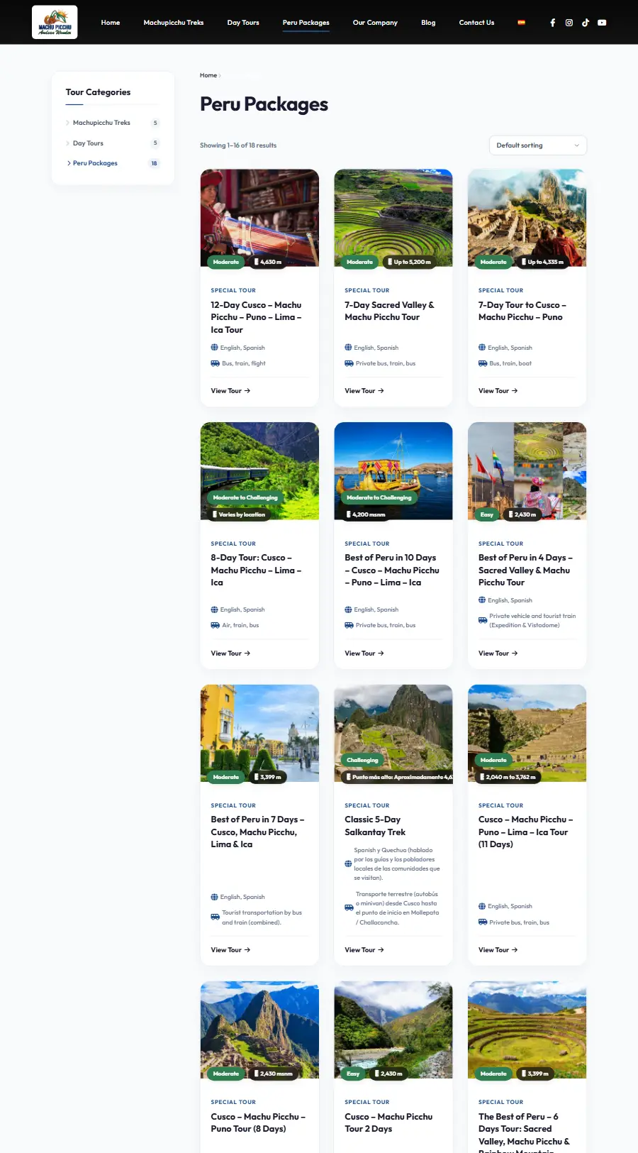 Lista de tours del sitio web de Machupicchu Andean Wonder