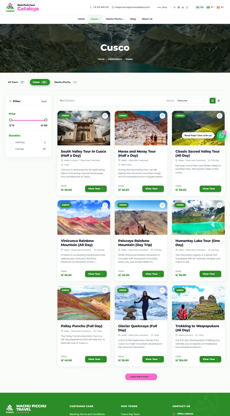 Lista de tours del sitio web de Machu Picchu Travel Cataleya