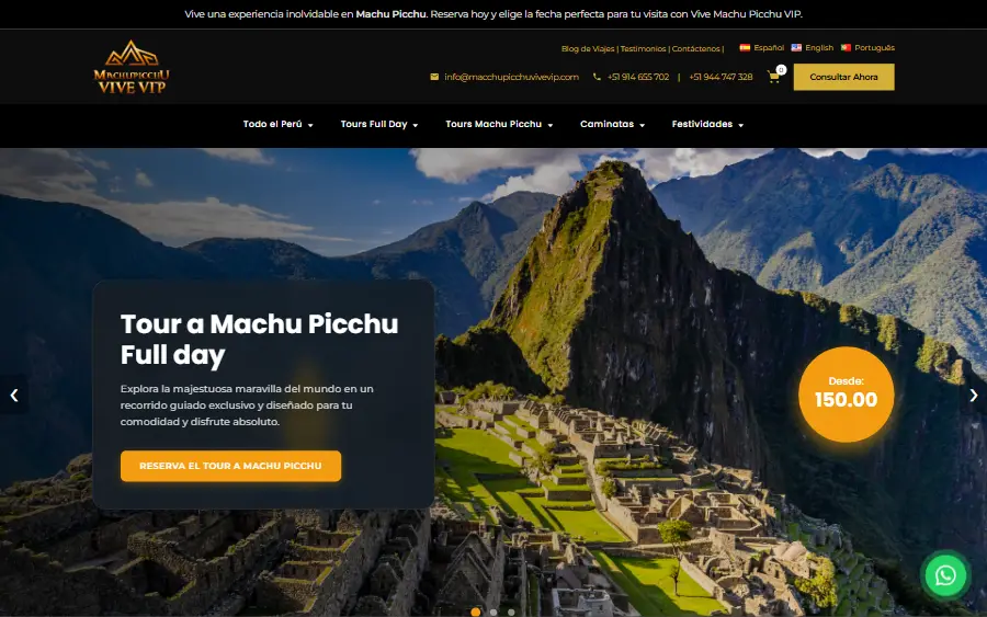 Página de inicio del sitio web de Machupicchu Vive VIP
