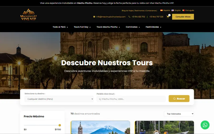Lista de tours del sitio web de Machupicchu Vive VIP