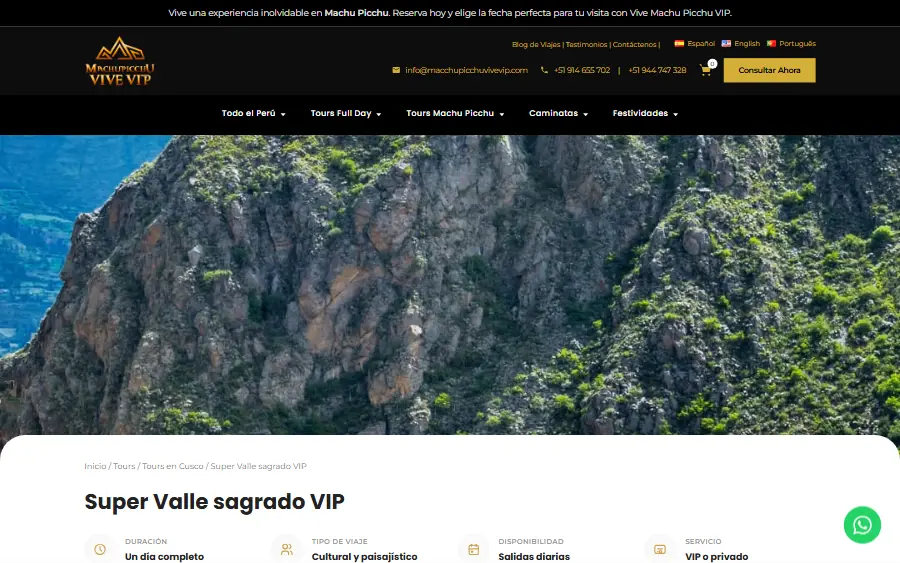 Página de tour del sitio web de Machupicchu Vive VIP