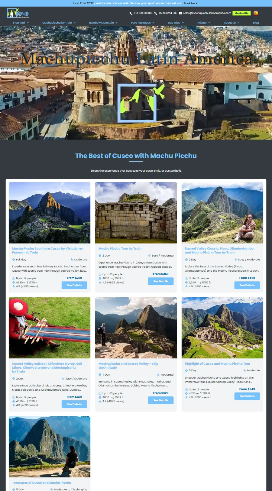Página de inicio del sitio web de Machupicchu Latin America