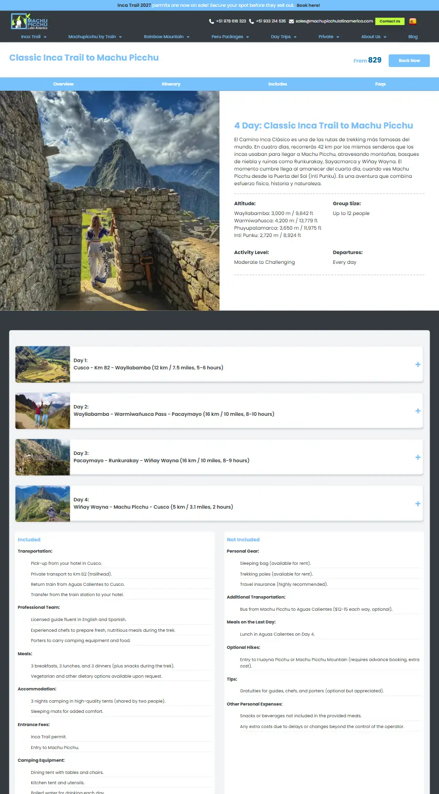 Página de tour del sitio web de Machupicchu Latin America
